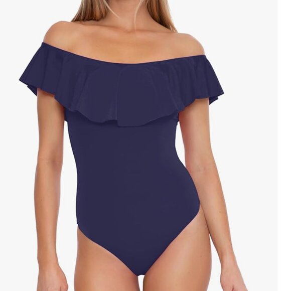 Trina Turk Paddle Suit Ruffle Monaco Navy Off Shoulder One Piece Swimsuit Size 8 - Picture 8 of 11